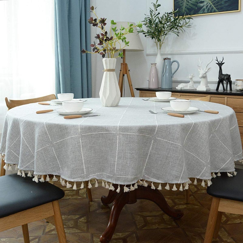 Dimatic Heavy Weight Cotton Linen Tablecloth, Plaid Tassel Round Table Cover for Kitchen Dining Room Tabletop Decorations, Round - 63", Grey - Image 2